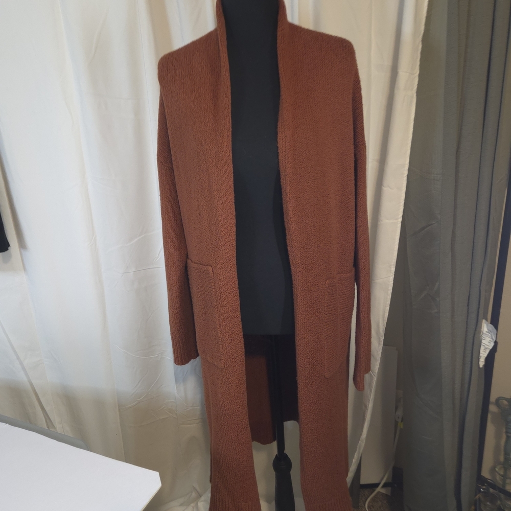 Leith Women's Terracotta Open-Front Long Duster Cardigan Size S